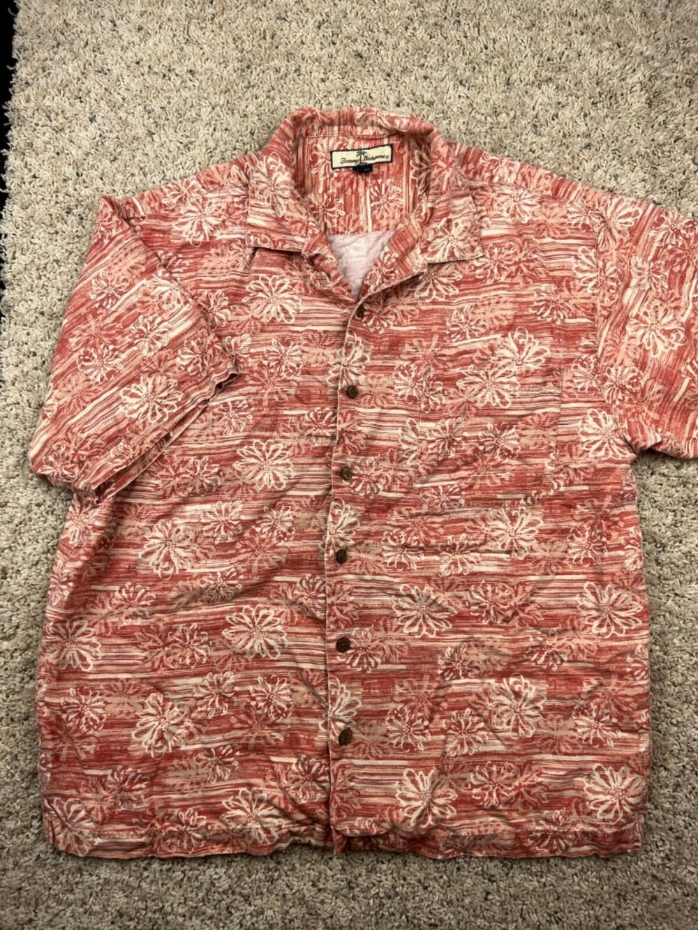 Tommy Bahama Men's Large Orange Floral Multicolored All Silk Camp Hawaii Shirt